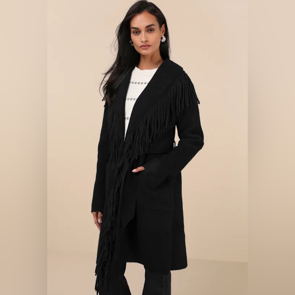 NVLT Mink Eyelash Fringe Coatigan Black Shawl Collar Belted Duster Cardigan